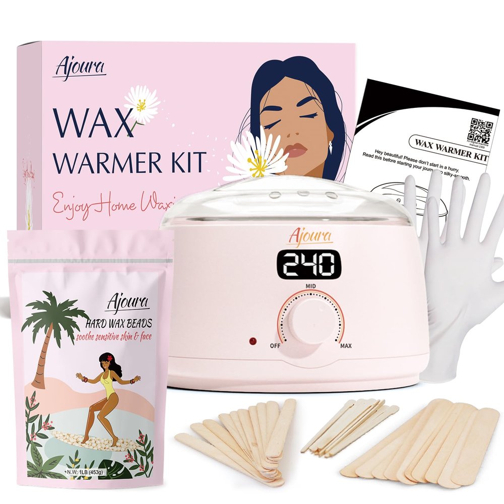 Ajoura 1lb Refill Wax Beans for Hair Removal Kit + Ajoura Digital Wax Warmer, 10 minutes Quick-Heat Hair Removal Kit with Precision Temp. Control