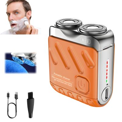 Electric Mini Portable Razor, Men's Portable Mini Electric Shaver, R-12 Portable Suitcase Design Double-Ring Magnetic Cutter, Beard Shaver Traveler Waterproof Pocket Beard Shaver for Men (Orange)