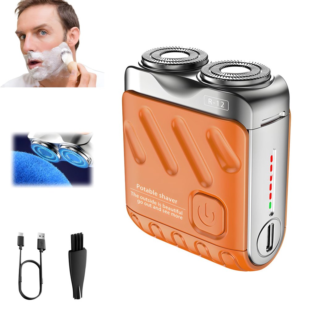 Electric Mini Portable Razor, Men's Portable Mini Electric Shaver, R-12 Portable Suitcase Design Double-Ring Magnetic Cutter, Beard Shaver Traveler Waterproof Pocket Beard Shaver for Men (Orange)