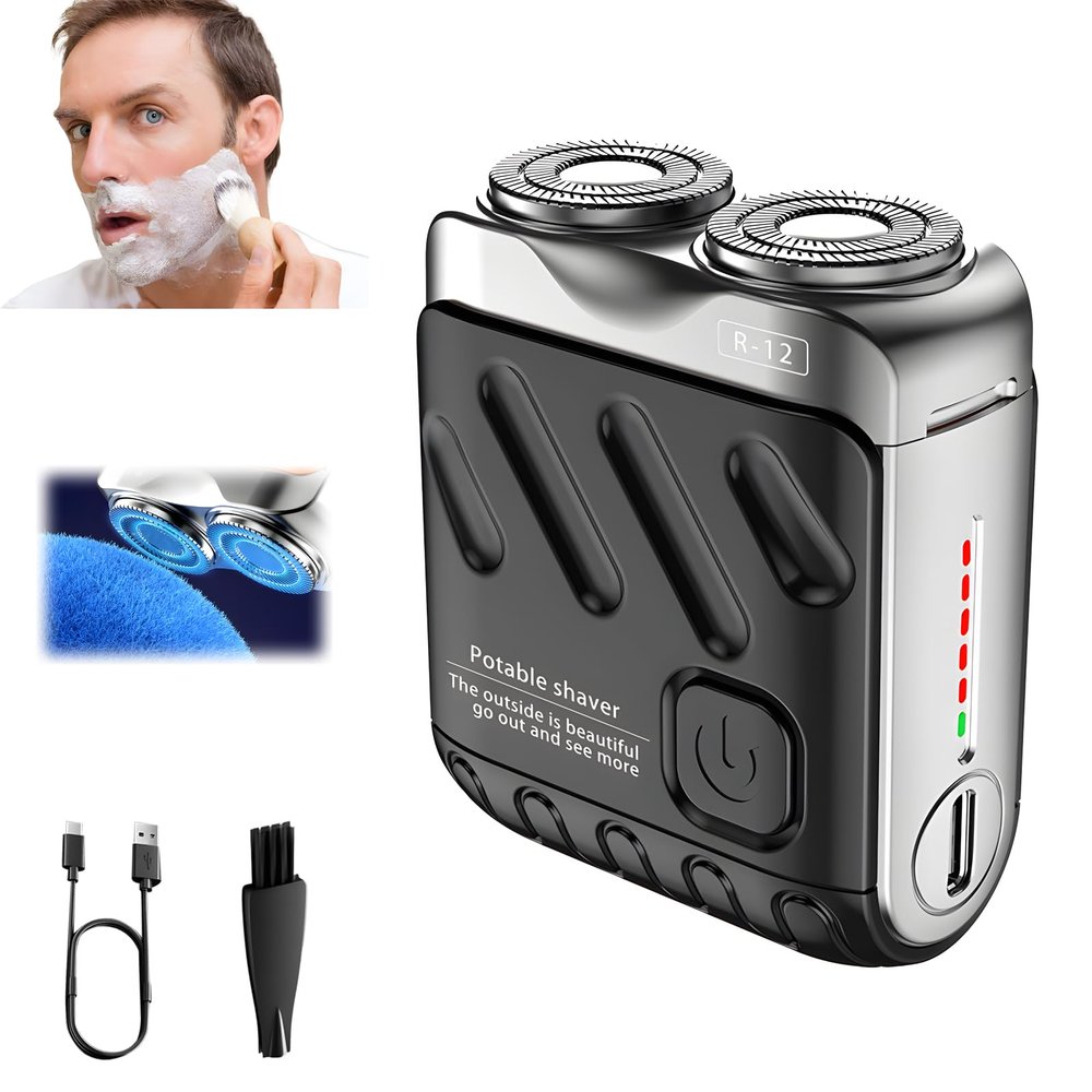 Electric Mini Portable Razor, Men's Portable Mini Electric Shaver, R-12 Portable Suitcase Design Double-Ring Magnetic Cutter, Beard Shaver Traveler Waterproof Pocket Beard Shaver for Men (Black)