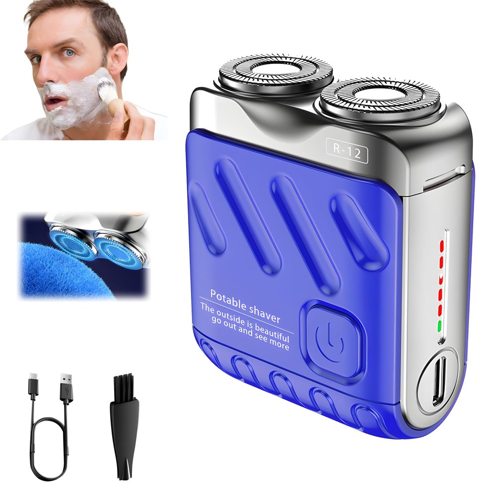 Electric Mini Portable Razor, Men's Portable Mini Electric Shaver, R-12 Portable Suitcase Design Double-Ring Magnetic Cutter, Beard Shaver Traveler Waterproof Pocket Beard Shaver for Men (Blue)