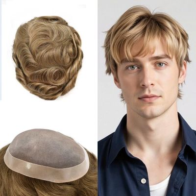 PUNRU HAIR Hair Systems For Men Monofilament Toupee For Men Human Hair NPU Hair Pieces For Mens Toupee 7x9 Medium light density #2020 20# LIGHT ASH BLONDE+20% GRYE