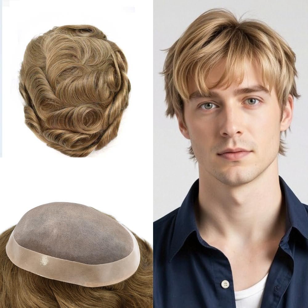 PUNRU HAIR Hair Systems For Men Monofilament Toupee For Men Human Hair NPU Hair Pieces For Mens Toupee 7x9 Medium light density #2020 20# LIGHT ASH BLONDE+20% GRYE