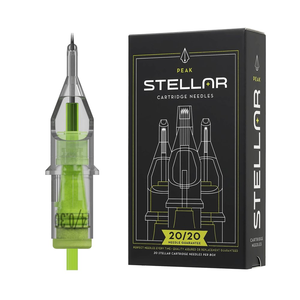Peak Stellar Tattoo Cartridge Needles, Professional Premium Tattooing Supplies, Box of 20, #8 (.25mm) 7 Bugpin Round Liner Extra Long Taper (7mm)