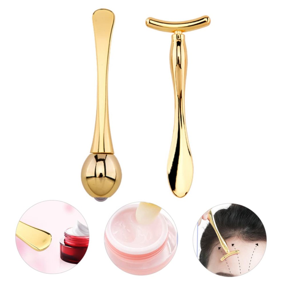 BIUDECO Eye Massage Roller and T-shaped Makeup Sticks for Dark Circles and Puffiness Relief Zinc Alloy Beauty Scoop Tool Set for Women Skin Care Routine