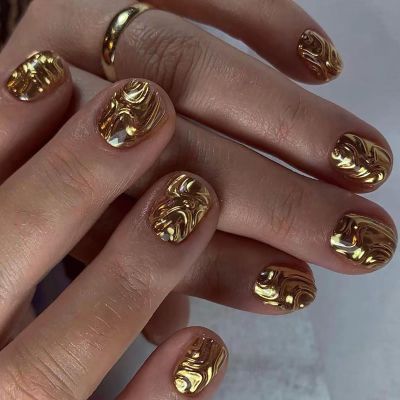 24 Pcs Golden Oval Press on Nails Short Fake Nails with Glue Artificial Nail Fall False Nails with 3D Design Handmade Nails Press ons Full Cover Reusable Stick on Nail for Women Girls