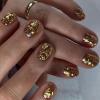 24 Pcs Golden Oval Press on Nails Short Fake Nails with Glue Artificial Nail Fall False Nails with 3D Design Handmade Nails Press ons Full Cover Reusable Stick on Nail for Women Girls view 1