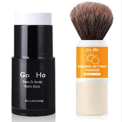 Go Ho White Face Paint Stick with Setting Powder Brush,Full-coverage Waterproof Body Paint for Halloween Cosplay Joker Zombie Vampire Skeleton Clown SFX Makeup