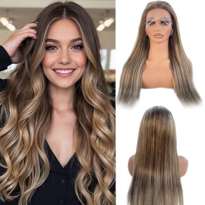 13x4 HD Lace Front Wig Human Hair 26 Inch Highlight Brazilian Human Hair Lace Front Wigs for Women Pre Plucked Colored Chocolate Brown to Beige Blonde Glueless Wigs Remy Hair 180% Density Remy Wig