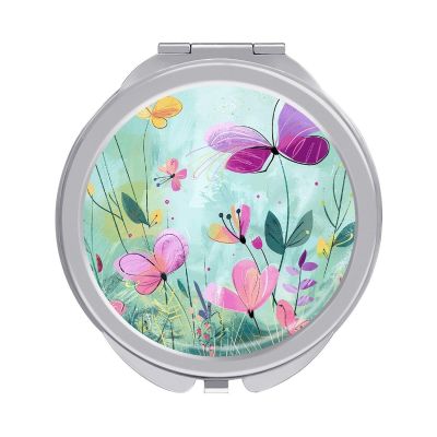 OURTEV Small Compact Mirror for Purse Pocket Mirror Peach and Purple Flowers Travel Makeup Mirror Portable Makeup Compact Mirror Double-Sided Makeup Round Handheld Mirror