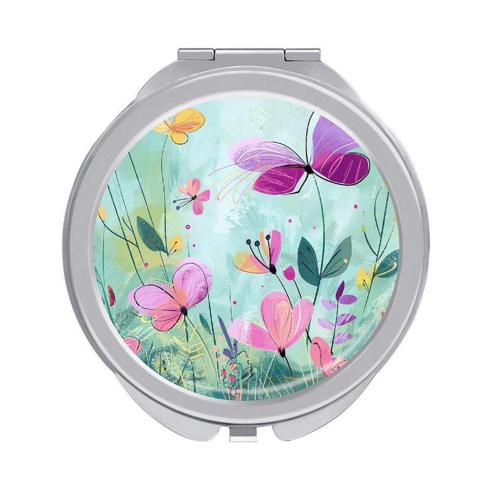 OURTEV Small Compact Mirror for Purse Pocket Mirror Peach and Purple Flowers Travel Makeup Mirror Portable Makeup Compact Mirror Double-Sided Makeup Round Handheld Mirror