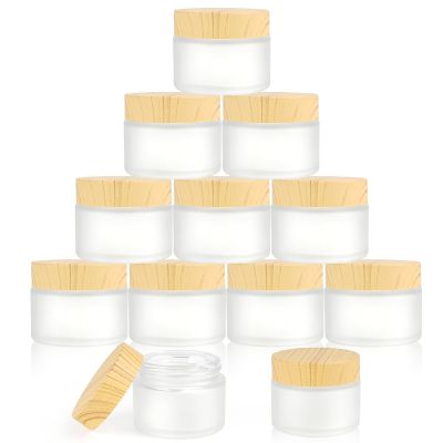 14Pcs Glass Cosmetic Containers with Wood Grain Lid 50 Gram Empty Sample Jars Round Frosted Glass Containers with Leakproof lids for Makeup Lotion Cream (14pcs, 50ml)