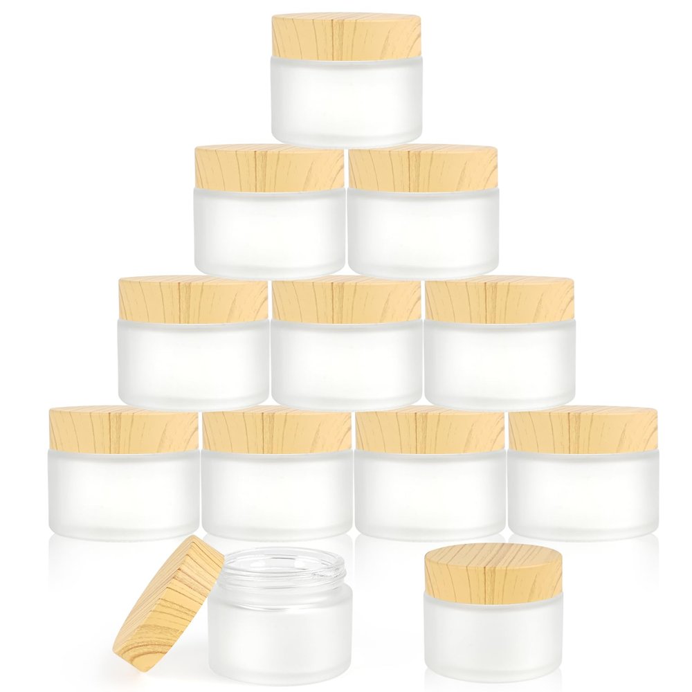 14Pcs Glass Cosmetic Containers with Wood Grain Lid 50 Gram Empty Sample Jars Round Frosted Glass Containers with Leakproof lids for Makeup Lotion Cream (14pcs, 50ml)
