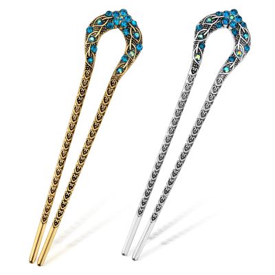 2pcs Vintage Metal French Hair Pins, Rhinestone Flower U Shaped Hairpins Carved Chinese Ancient Twist Hair Sticks for Buns Hair Accessories for Women (Gold, Silver)