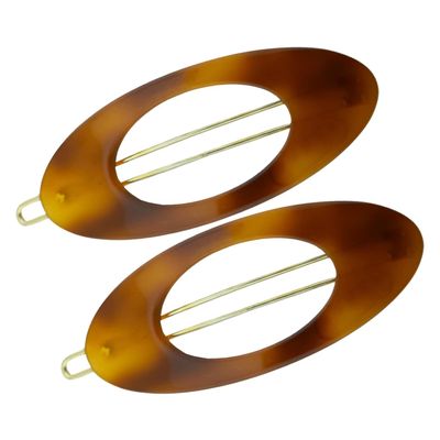 French Amie Oval Small 2 1/4 Celluloid Acetate Side Slide In Strong Hold Hair Clip Barrettes with Tige Boule Clasp for Girls and Women, Made in France (Tortoise Shell 2 Pcs)