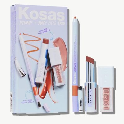 Kosas Plump & Juicy Lips Trio - Mini Wet Lip Oil in Unhooked, Full Size Wet Stick in Tropic Bliss, and Full Size Hotliner in Infinite + Korean Sheet Masque with Collagen