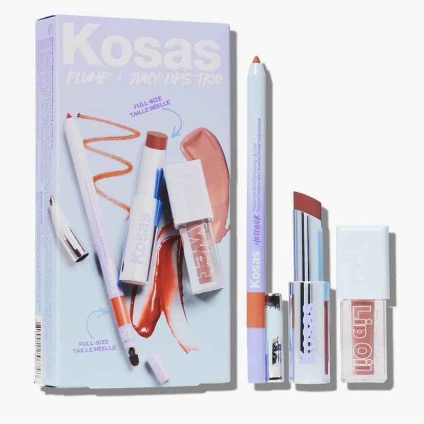 Kosas Plump & Juicy Lips Trio - Mini Wet Lip Oil in Unhooked, Full Size Wet Stick in Tropic Bliss, and Full Size Hotliner in Infinite + Korean Sheet Masque with Collagen