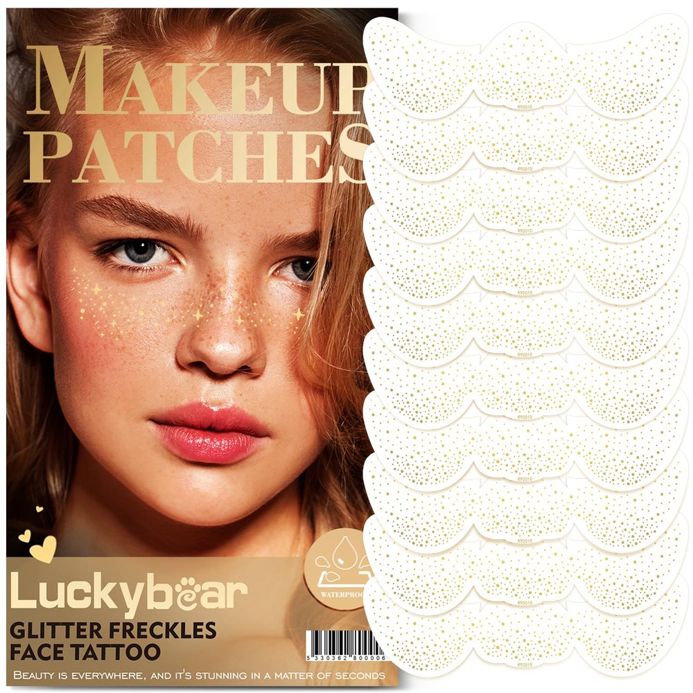 Face Glitter Freckles, Gold Face Tattoo Makeup Patches, Speckles Sparkle Beauty Waterproof Fake Freckle for Holiday Dance Music Party Makeup - 10 Count