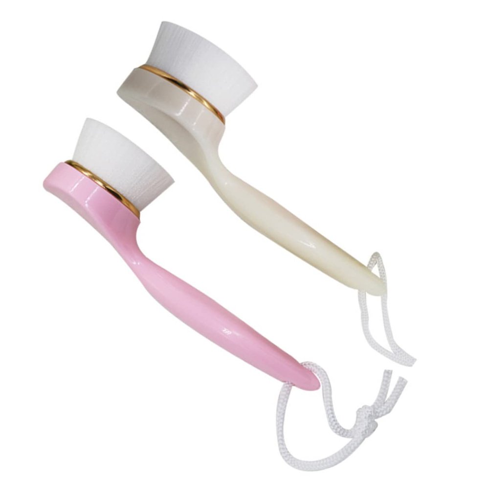 BIUDECO 2pcs Facial Cleansing Brush with Long Handle Soft Fiber Exfoliating Tool for Gentle Massaging Deep Cleansing and Blackhead Removal Beige Pink
