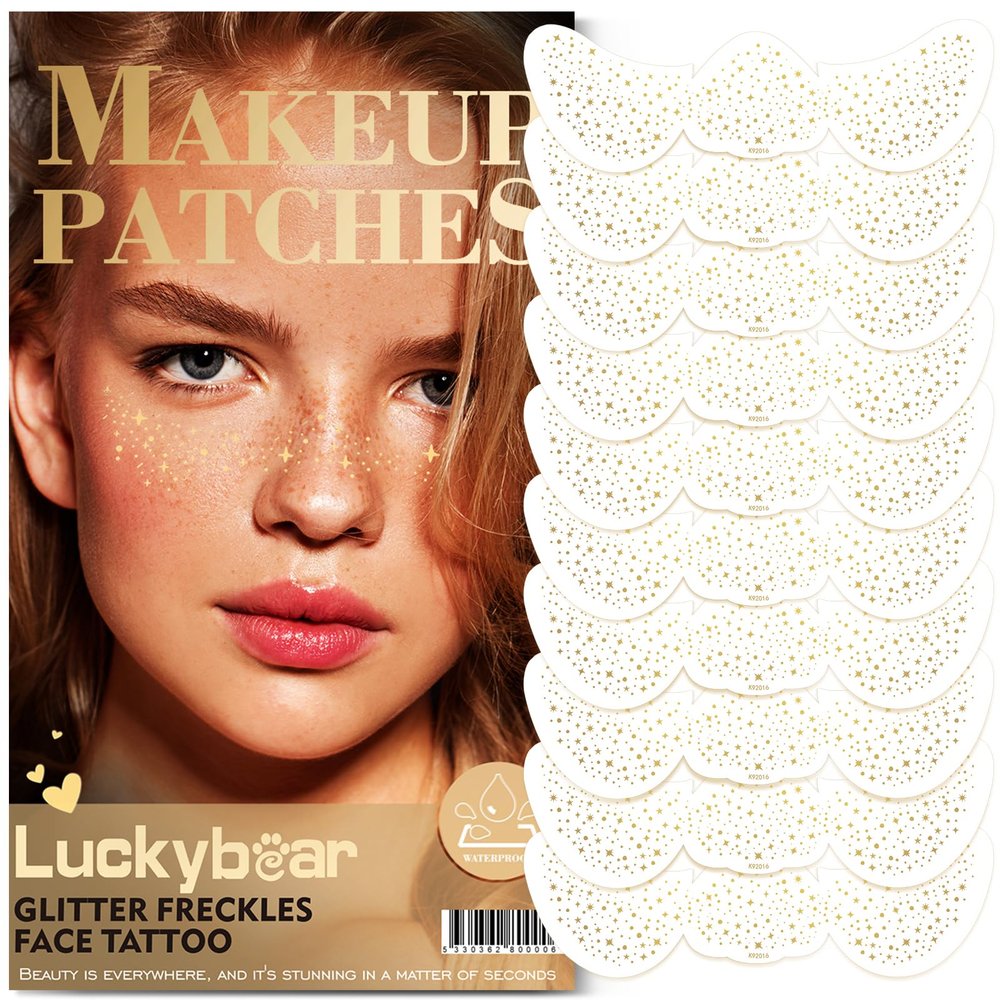 Face Glitter Freckles, Gold Tattoo Makeup Patches, Stardust Speckles Sparkle Beauty Waterproof Fake Freckle for Holiday Dance Music Party Makeup - 10 Count
