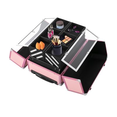 CRYBY Rolling Makeup Case, Multi-Layer Makeup Train Case Makeup Travel Organizer with 6 Trays & 2 Keys, 110.23lbs Capacity Lockable Cosmetic Case Salon Barber Case Makeup Storage Cart (Pink)