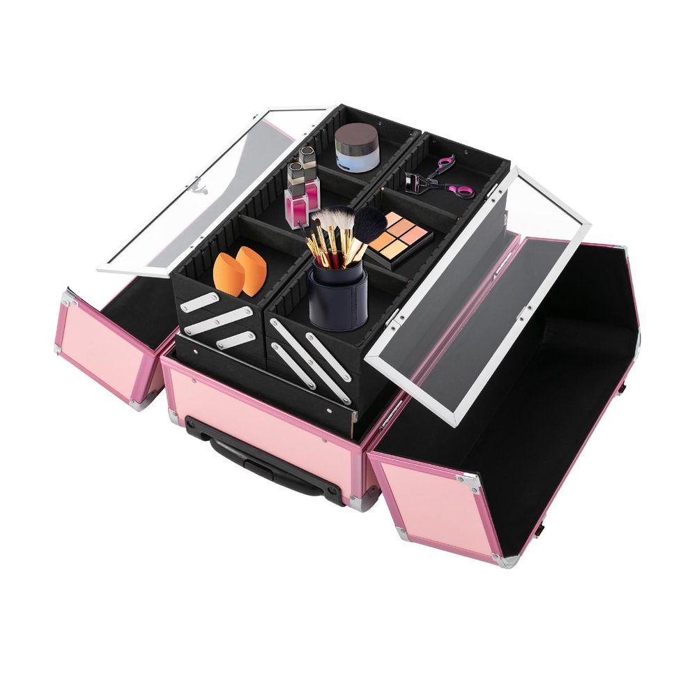 CRYBY Rolling Makeup Case, Multi-Layer Makeup Train Case Makeup Travel Organizer with 6 Trays & 2 Keys, 110.23lbs Capacity Lockable Cosmetic Case Salon Barber Case Makeup Storage Cart (Pink)