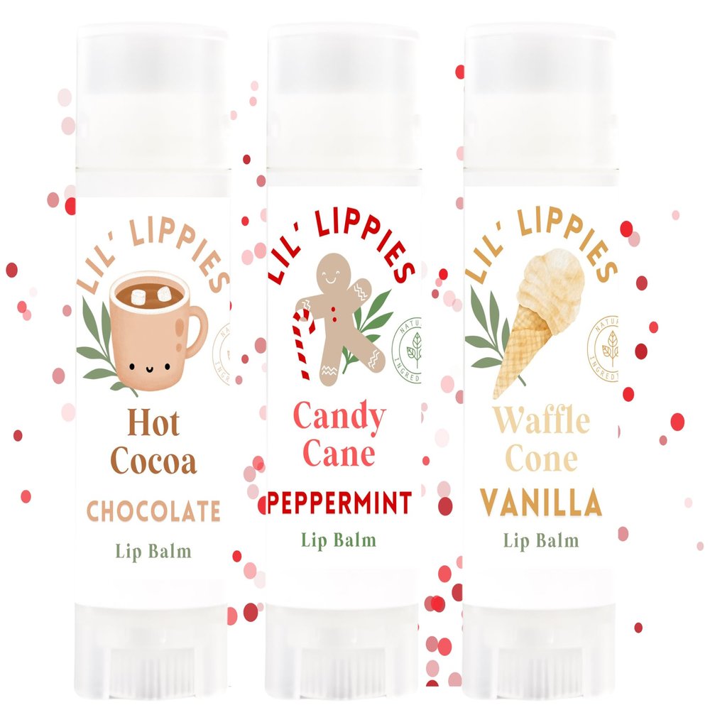 3 Pack Holidays Lip Balm - Lil' Lippies Kids Chapstick Gift Set - Stocking Stuffers for kids Candy Cane, Hot Cocoa, and Vanilla for teen tween toddler or adult