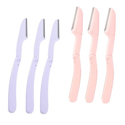 Beatifufu 6pcs Foldable Eyebrow Razor Set Stainless Steel Eyebrow Trimmer Storage Case Portable Beauty Tools Travel-friendly Design Pink Purple