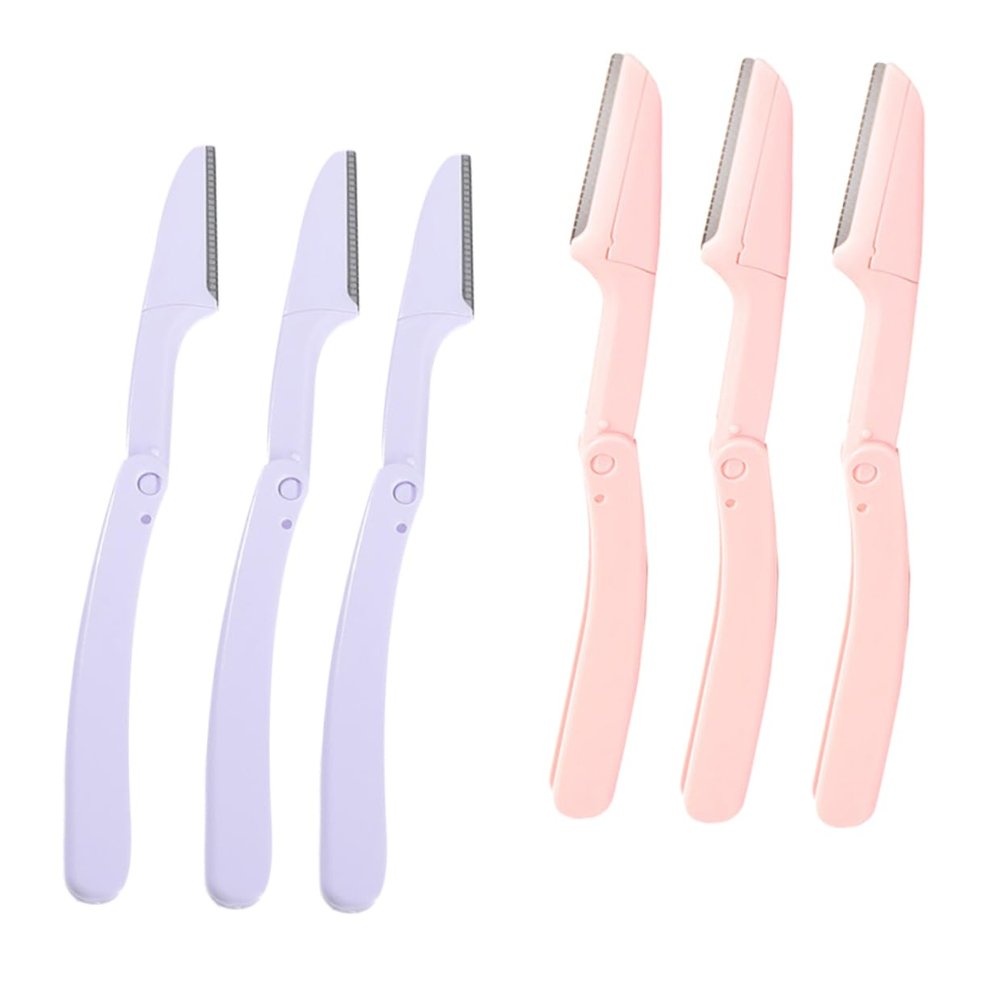Beatifufu 6pcs Foldable Eyebrow Razor Set Stainless Steel Eyebrow Trimmer Storage Case Portable Beauty Tools Travel-friendly Design Pink Purple