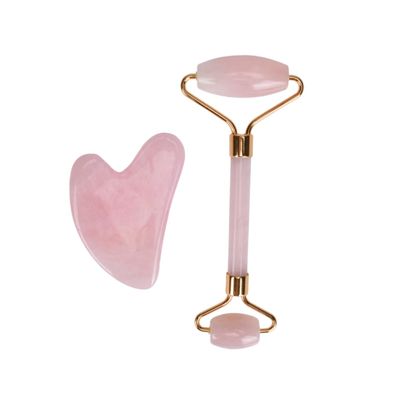 COOLHIYA Natural Rose Quartz Facial Roller Massager Set Dual-Sided Skin Care Tool for Anti-Aging Wrinkle Reduction Relaxation Includes Roller Scraper