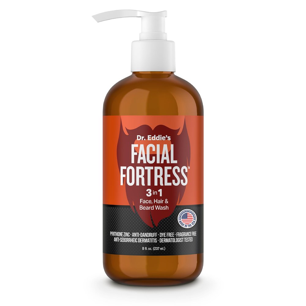 Dr. Eddie's Facial Fortress 3 in 1 Face, Hair, & Beard Wash - Beard Dandruff Shampoo for Men, Beard Cleanser, Face Wash, Beard Care, Face Soap with Pyrithione Zinc - 8 Fl Oz (Pack of 1)
