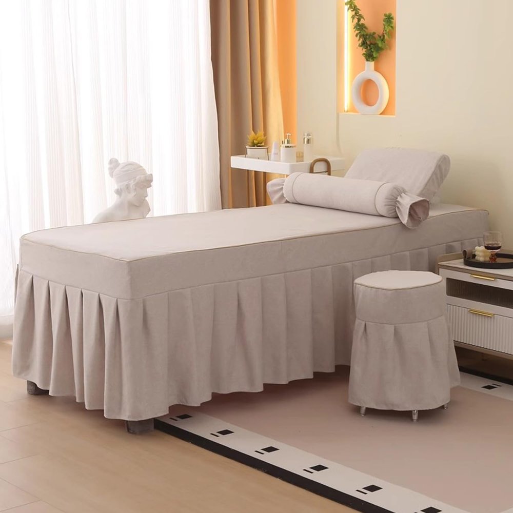 Massage Table Skirt Spa Bed Cover with Face Rest Hole Beauty Salon Massage Table Bed Sheet Skirt Massage Bed Cover with Skirt All-Round Wrap Lash Bed Mattress Cover,Beige,185x70cm(S)