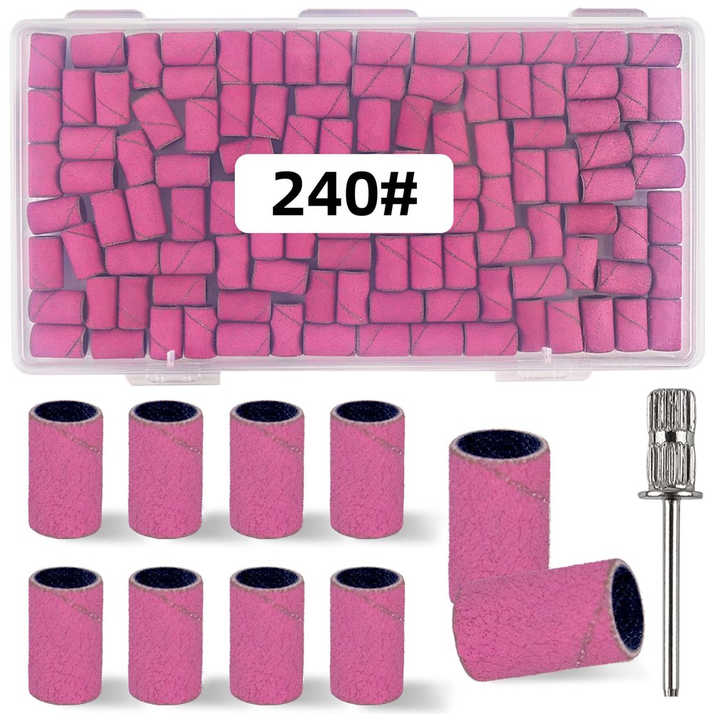 100Pcs(240 Grit Pink) Sanding Bands Nail Drill Bit with 0.31in Diameter,Nail Drill Bits Extreme Fine Grit Sanding Band,Sanding Belt Upgrade Mandrel Bits,Professional Nail Drill Bit for Acrylic Nails