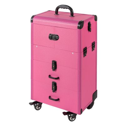 banborba Rolling Makeup Train Case, Large Storage Cosmetic Trolley, Lockable Trolley Makeup Travel Case with Keys & Swivel Wheels, Salon Barber Case Traveling Cart Trunk, 110 LBS Load Capacity (Rose)