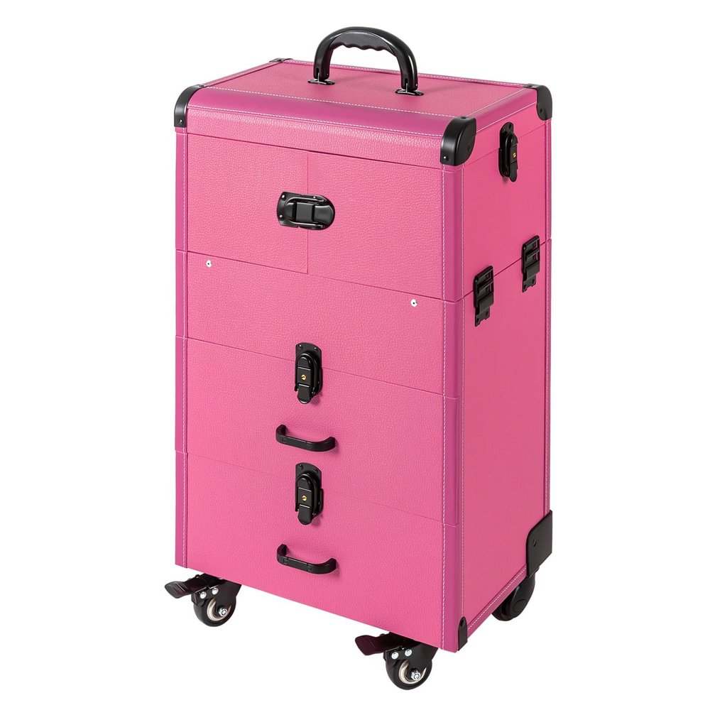 banborba Rolling Makeup Train Case, Large Storage Cosmetic Trolley, Lockable Trolley Makeup Travel Case with Keys & Swivel Wheels, Salon Barber Case Traveling Cart Trunk, 110 LBS Load Capacity (Rose)