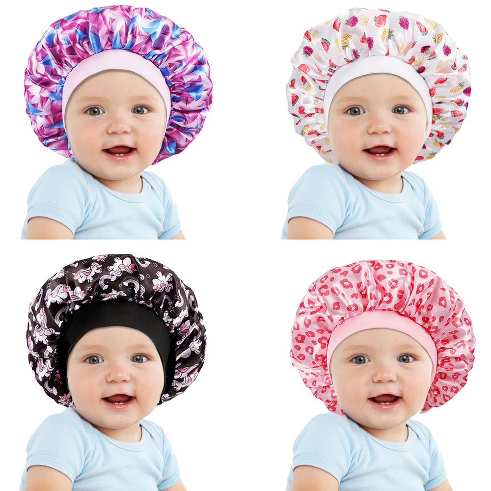 4 PCS Kids Satin Bonnet,Kids Bonnets for Girls,Soft Silk Bonnet for Sleeping for Natural Hair Toddler Teens Child