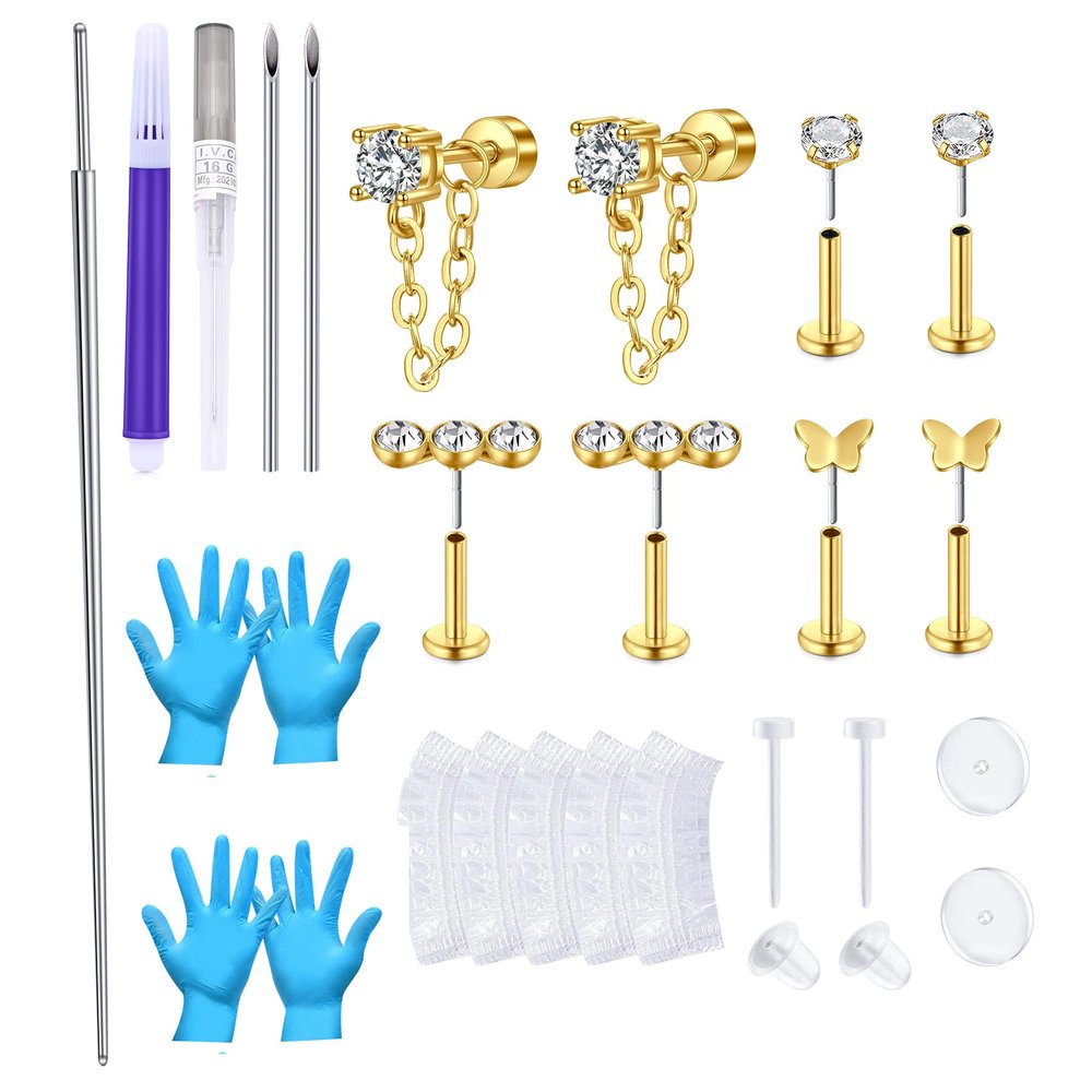 QWALIT Gold Ear Piercing Needle Kit - Self Piercing Earrings with Studs for Helix & Cartilage