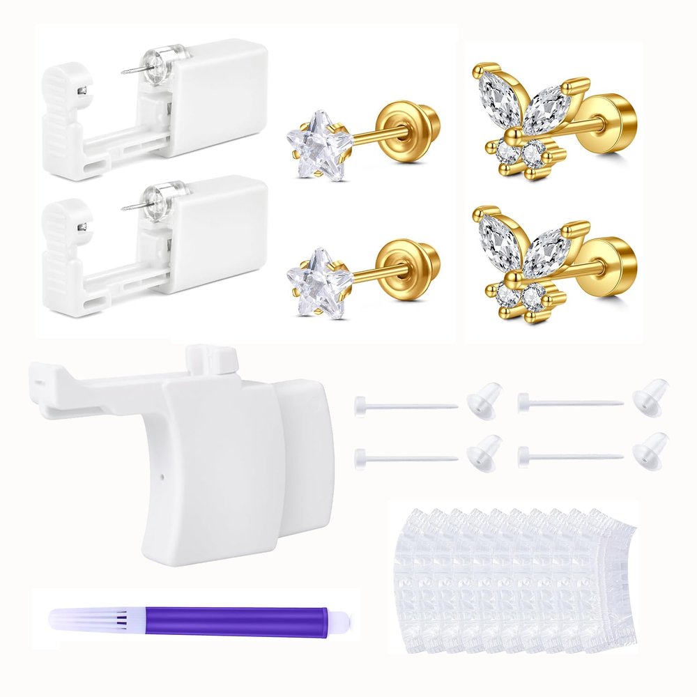QWALIT Ear Piercing Kit Gold Ear Piercing Gun Kit Self Piercing Earrings Piercing Kit Disposable Earring Gun Piercing Kit with Earring Studs Self Ear Piercing Kit Flat Back at Home