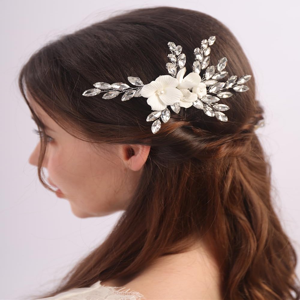 BERYUAN Wedding Flower Rhinestone Hair Side Comb Handmade Rhinestone Wedding Headpiece Silver Bridal Hair Accessories Bridal Hair Comb for Wedding Women Girls