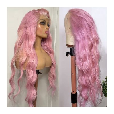 Wigs, Loose Wave Light Pink Lace Frontal Wig 1341 HD Transparent Lace Wig Brazilian Remy Hair 8-28" Pre Plucked Pink Colored Wave Curly Lace Front Wig ,Wigs to Cover Baldness(180 Density,24inches)