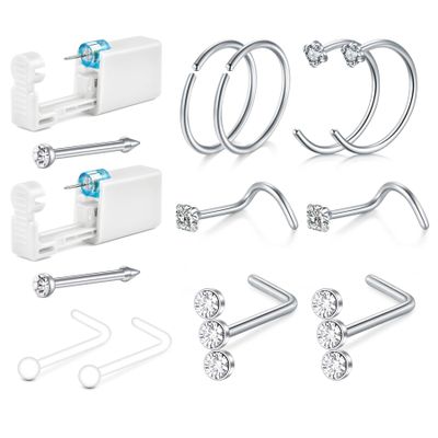 QWALIT 2pack Nose Piercing Kit Nose Piercing Gun Kit Self Piercing Kits at Home Disposable Nostril Piercing Kit with Nose Rings Silver