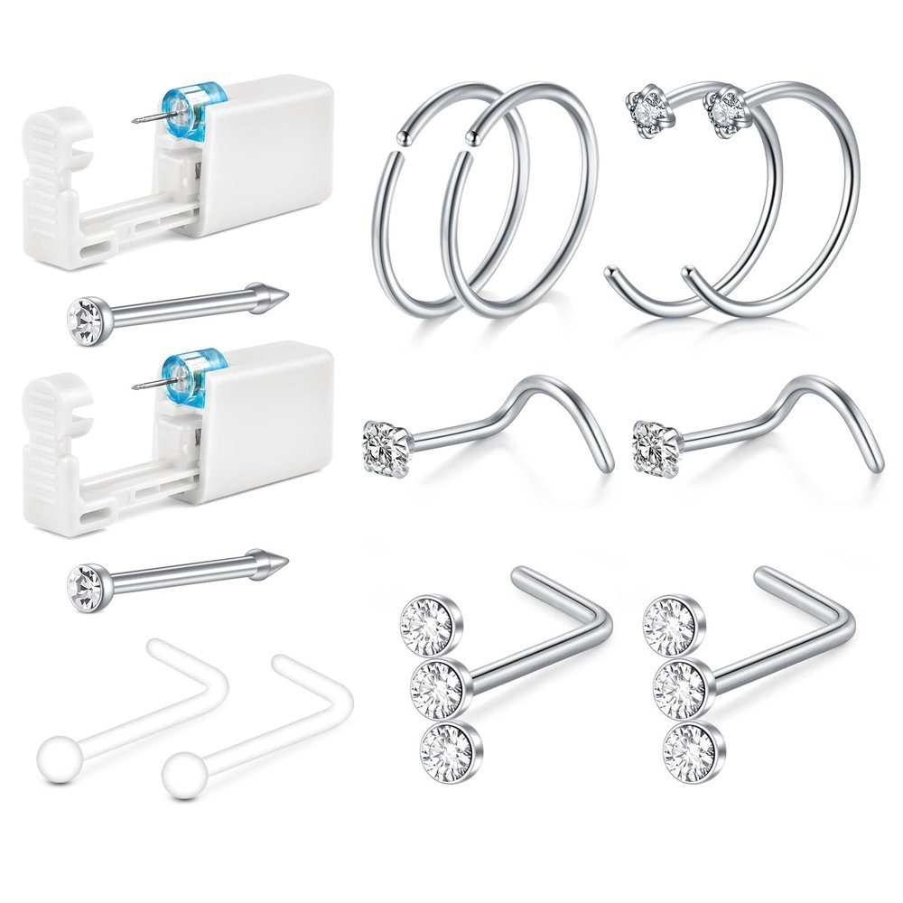 QWALIT 2pack Nose Piercing Kit Nose Piercing Gun Kit Self Piercing Kits at Home Disposable Nostril Piercing Kit with Nose Rings Silver