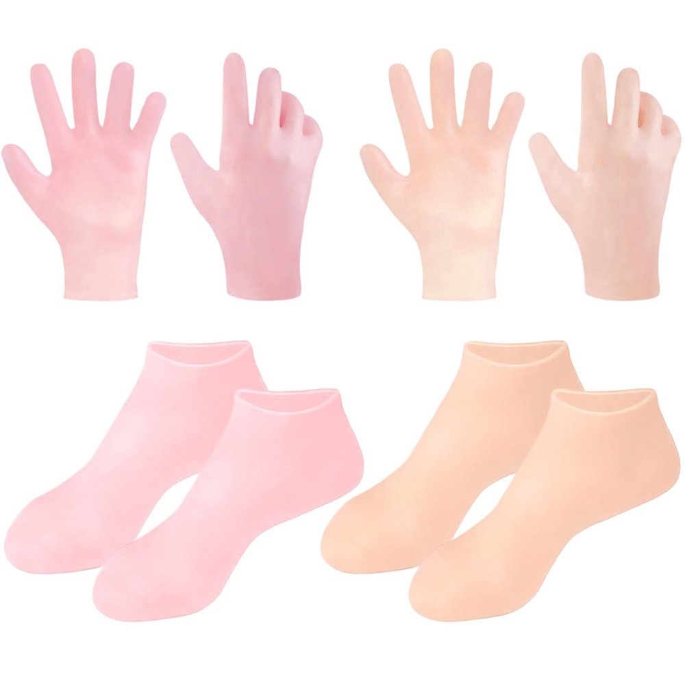 4 Pairs Silicone Socks and Silicone Gloves, Soft Elastic Silicone Foot Socks, Reusable Foot Moisturizing Socks, Silicone Socks for Dry Cracked Feet Women,Silicone Gloves