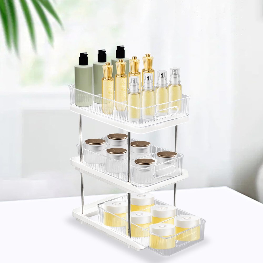 3 Tiers Makeup Organizer for Dressing Table, Bathroom Countertop Organizer, Perfume Organizer, Large Capacity Makeup and Skincare Vanity Makeup Holder Rack, Lower Layer Pullout