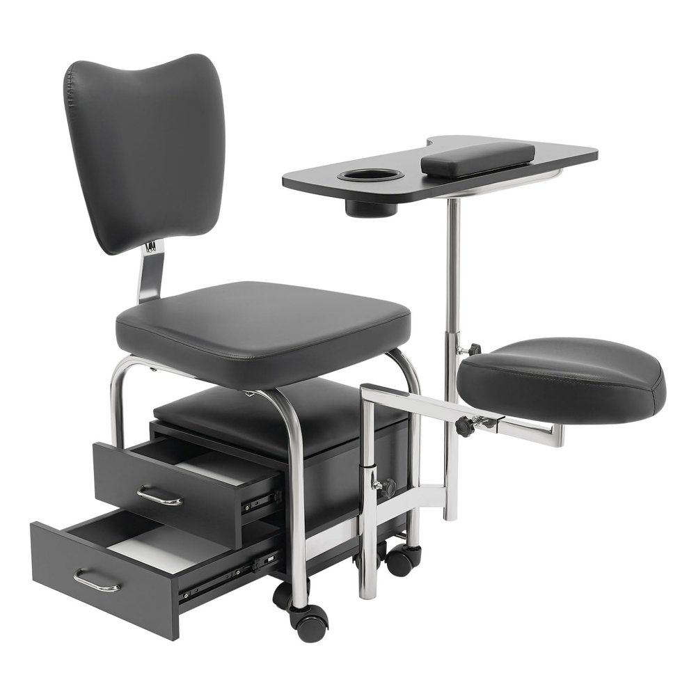 BANEBONE Foldable Manicure Table with Rolling Wheels and Drawers - Portable Nail Tech Station for Nail Spa, Beauty Salon, Massage Stool Included (Black)