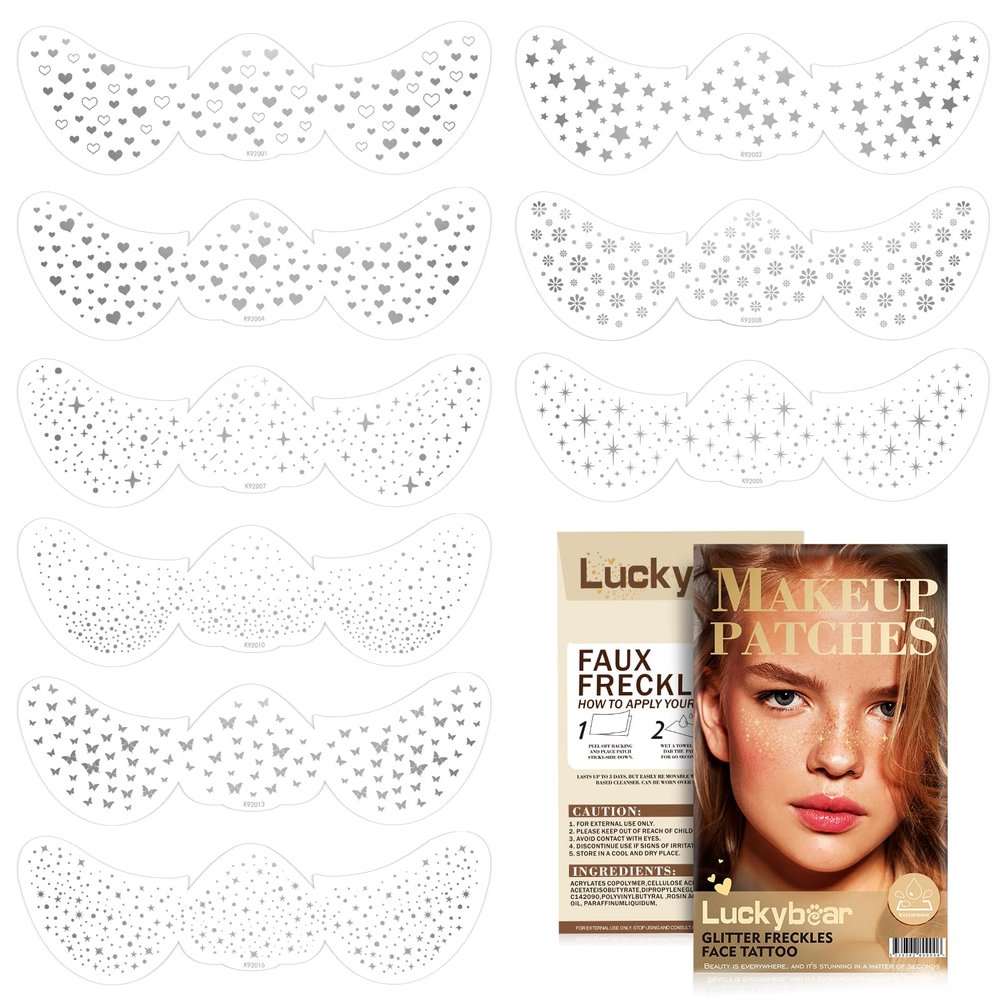 9 Style Set Glitter Freckles Face Tattoo Silver Face Glitter Makeup Patches, Sparkle Freckle Temporary Tattoo Silver Speckles Waterproof For Dance Music Party Makeup
