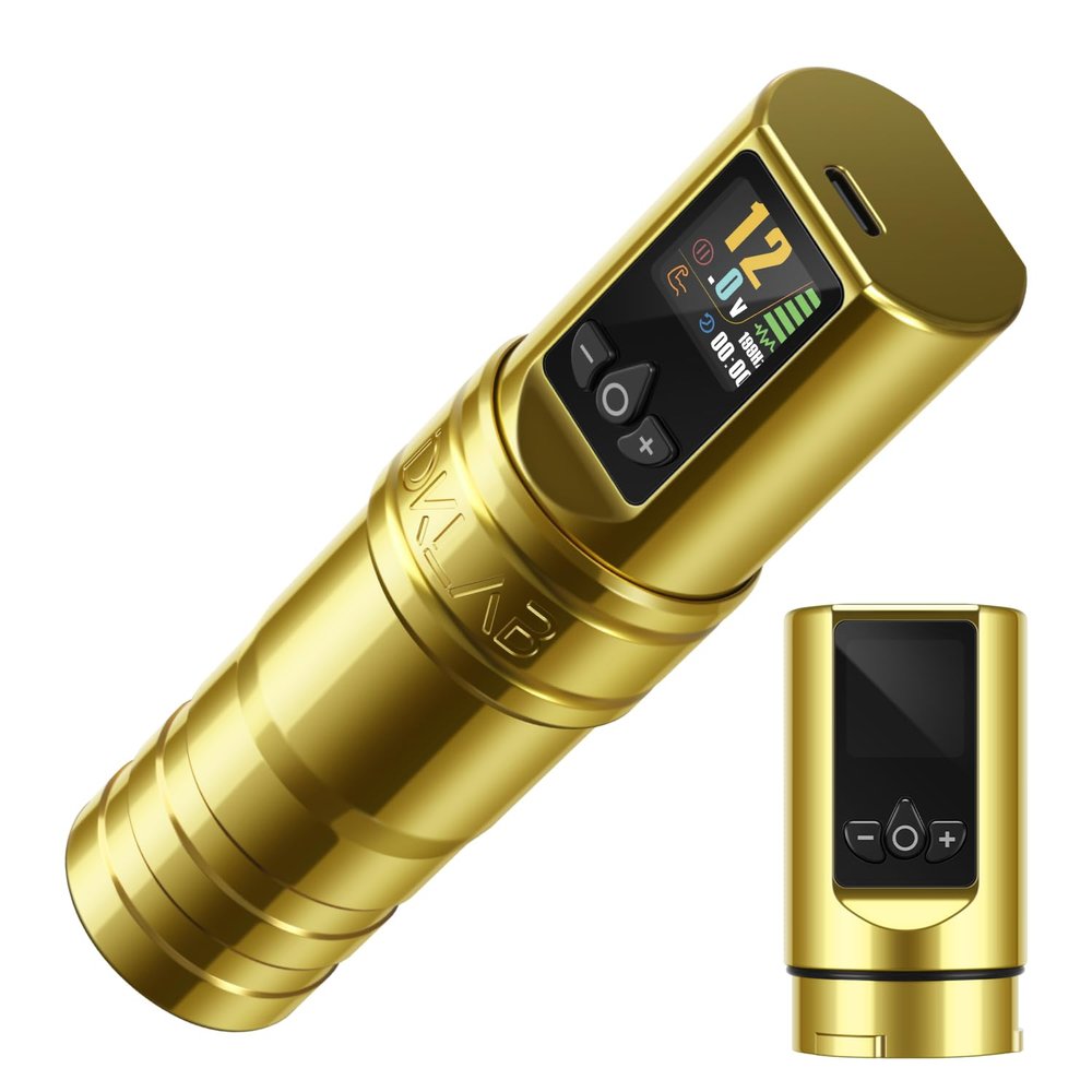 DKLAB New DK-W1 Pro Wireless Tattoo Gun Pen Kit Supply with Japanese Coreless Motor & 2 Pieces of 2400mAh Battery Power for Permanent Make Up Artists (Gold, 4.0mm Stroke)