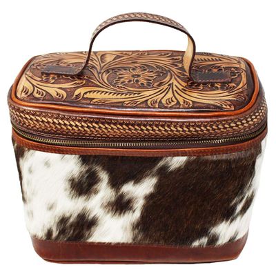 CHALLENGER 8.25 Height Unisex Western Tooled Leather Hairon Cosmetic Dopp Kit Toiletry Train Case 11"x7" 18RST01