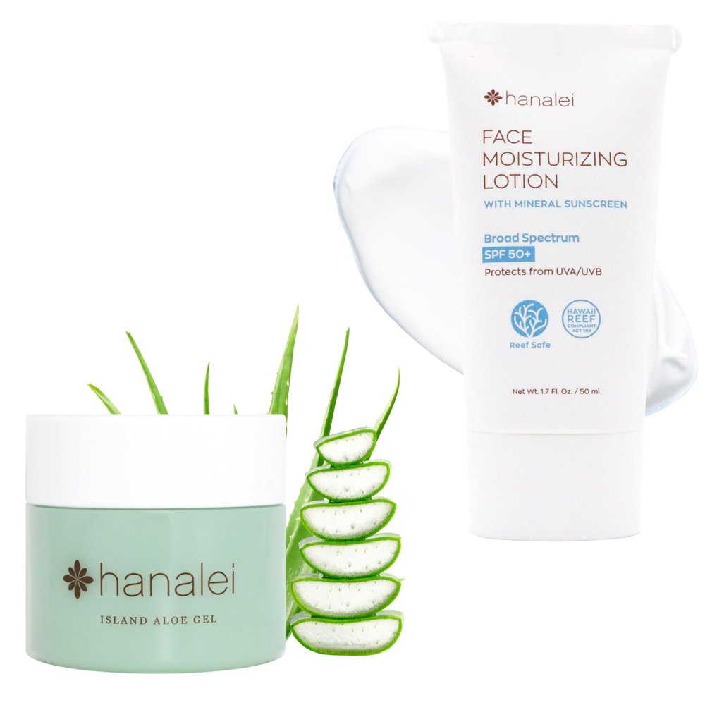 Hanalei Aloe Gel & Face Moisturizer Bundle Cooling Aloe Gel (100 g) for Soothing & Hydration, SPF 50+ Mineral Sunscreen (1.7 oz), Vegan, Cruelty-Free, Paraben-Free