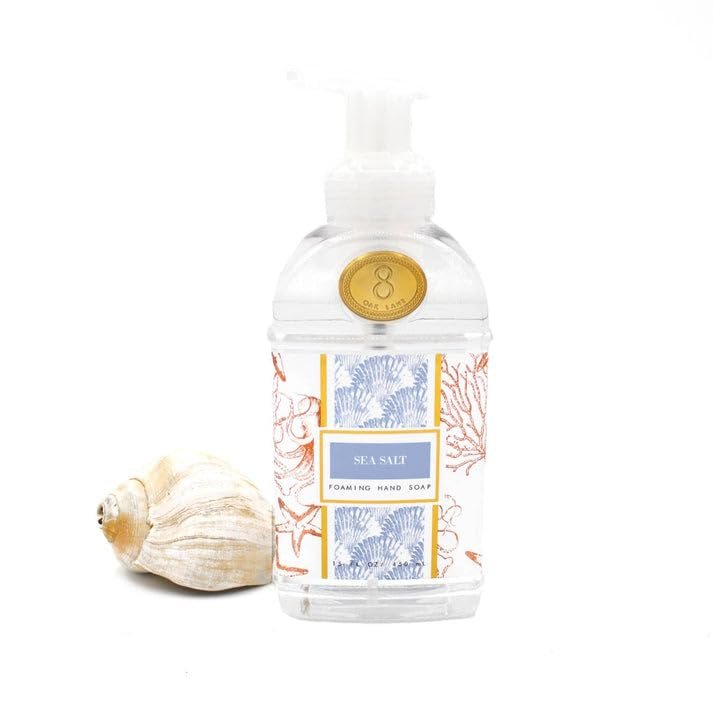 8 Oak Lane, Sea Salt 15oz Foaming Hand Soap, a delightful blend of bright orange blossom, sweet jasmine, & warm amber notes.